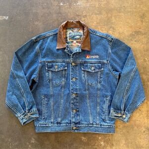 Vintage 90s Dunbrooke Upstream Denim Trucker Jacket Leather Collar L V8